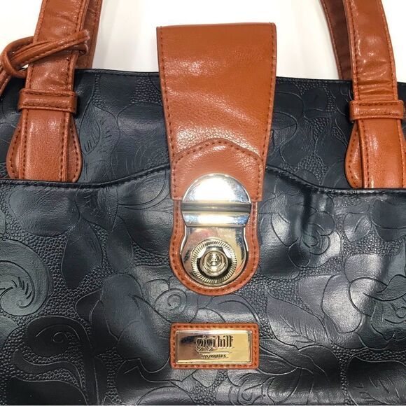 Gigi Hill LA Black Brown Tooled Vegan Leather Extra Large Travel Duffel Tote - Picture 4 of 16